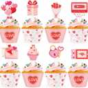 Hooqict 48Pcs Valentine's Day Cupcake Toppers and Wrappers Pink Red Heart Sweet Love Valentines Cupcake Topper Decorations for Happy Valentines Galentines Day Anniversary Birthday Party Decorations