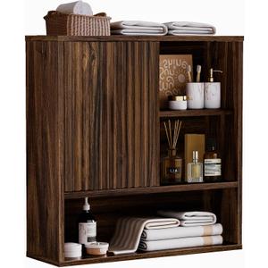 Farmhouse Bathroom Wall Cabinet Fluted,Medicine Cabinet Over The Toilet Storage Cabinet with Adjustable Shelf, Wood Wall Mounted Storage Cabinet Organizer 23.2Wx24Hx7.6D (Dark Walnut, Medium)