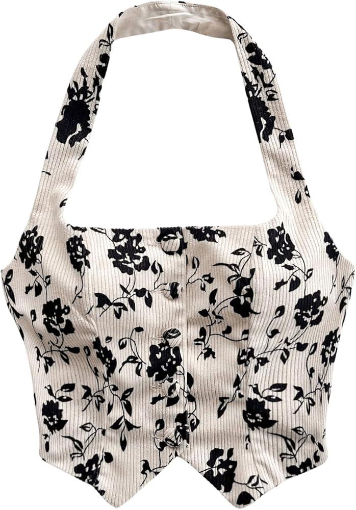 SHENHE Women's Floral Print Crop Halter Top Button Front Asymmetrical Sleeveless Boho Crop Top, L