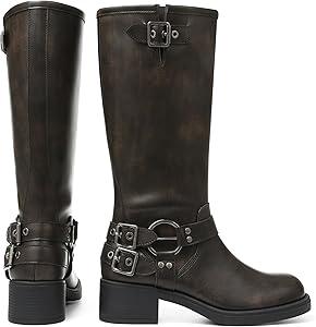 AMINUGAL Knee High Boots Women Square Toe Pull On Wide Calf Riding Fashion Buckles Chunky Metallic Casual Vintage Buckle Rivet 9