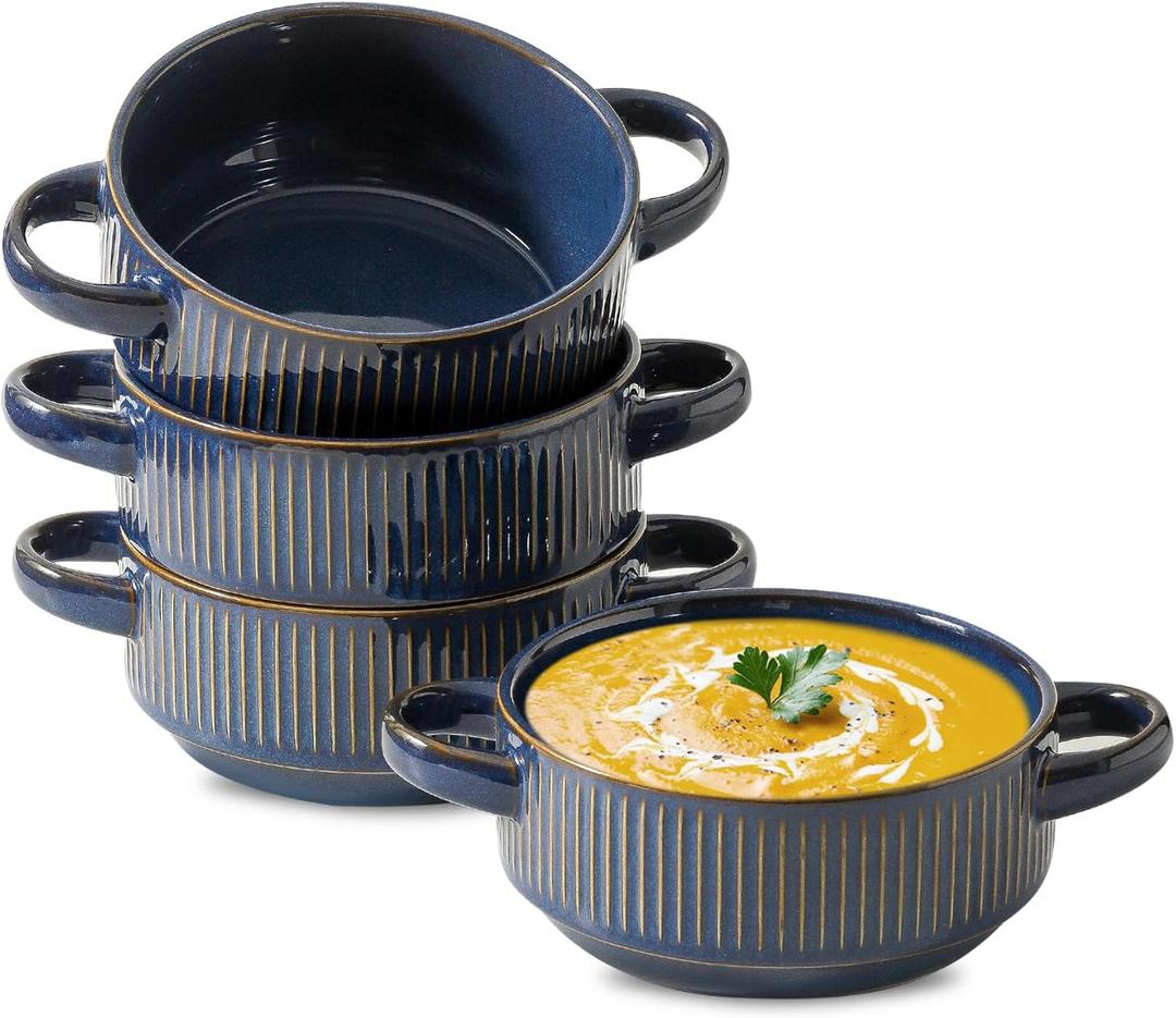 Soup Bowls with Handles, 20 oz French Onion Soup Crocks, Stackable Soup Bowl Oven Safe for Chili, Beef Stew, Embossment Ceramic Bowl Set - 5.4 Inch, Set of 4Blue