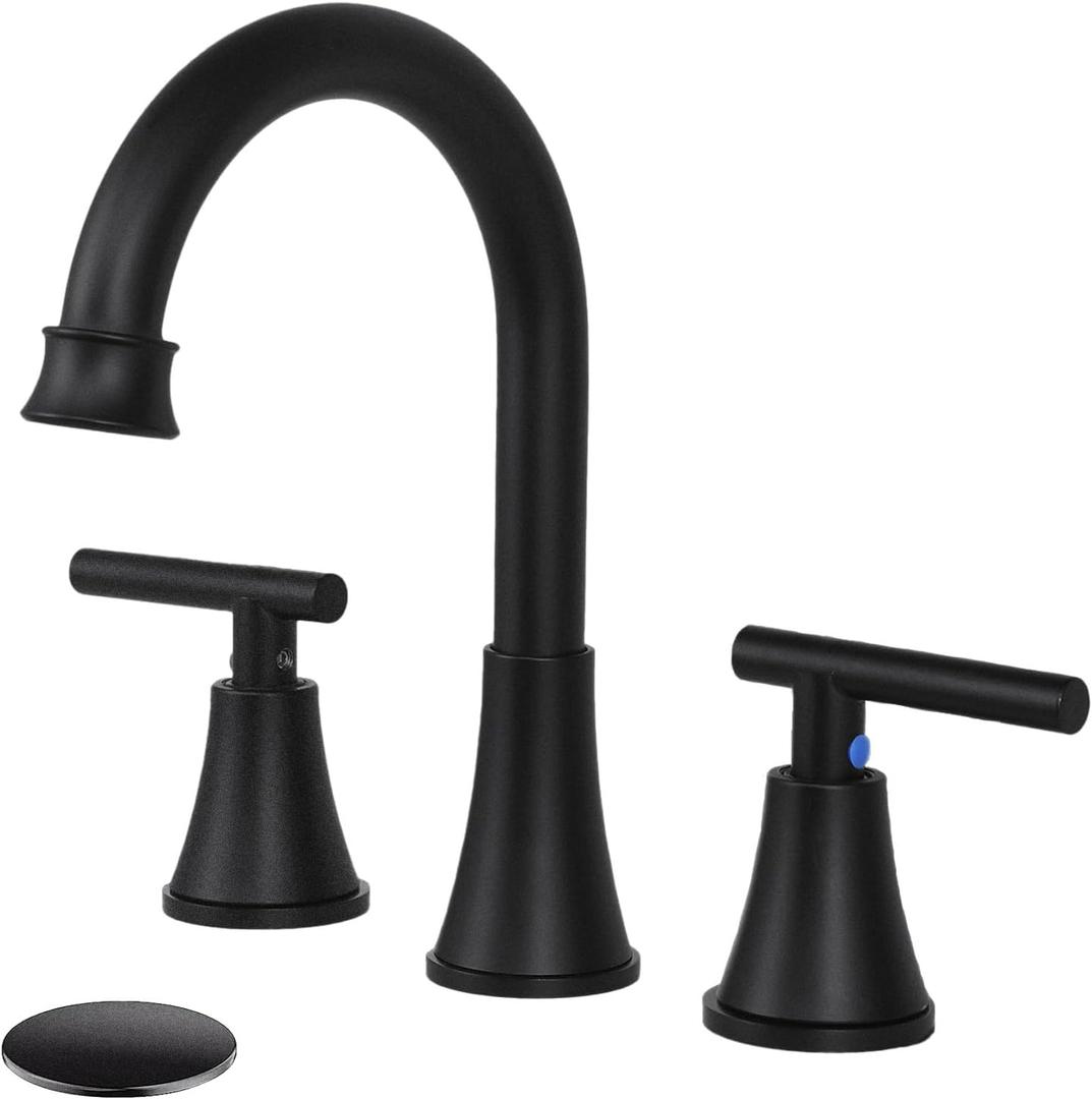 HOTIS Black Bathroom Faucet 3 Hole, 2 Handle 360° Swivel Matte Black 8 Inch Widespread Bathroom Sink Faucet, Lavatory Sink Faucet with Pop-up Drain and Supply Lines, HT-BF302