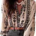 Womens Long Sleeve Button Down Cotton Linen Shirt Western Cowgirl Vintage Elegant Boho Floral Printed Blouses (Large, White)