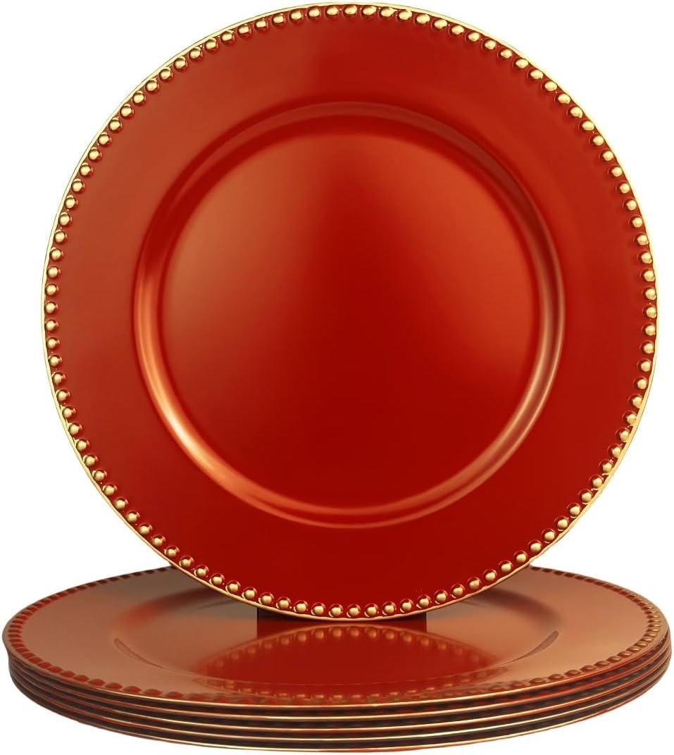Red Charger Plates with Beaded Rim, 13" Round Charger for Dinner Plates, Set of 6 Plastic Plate Chargers for Wedding, Thanksgivng, Christmas.