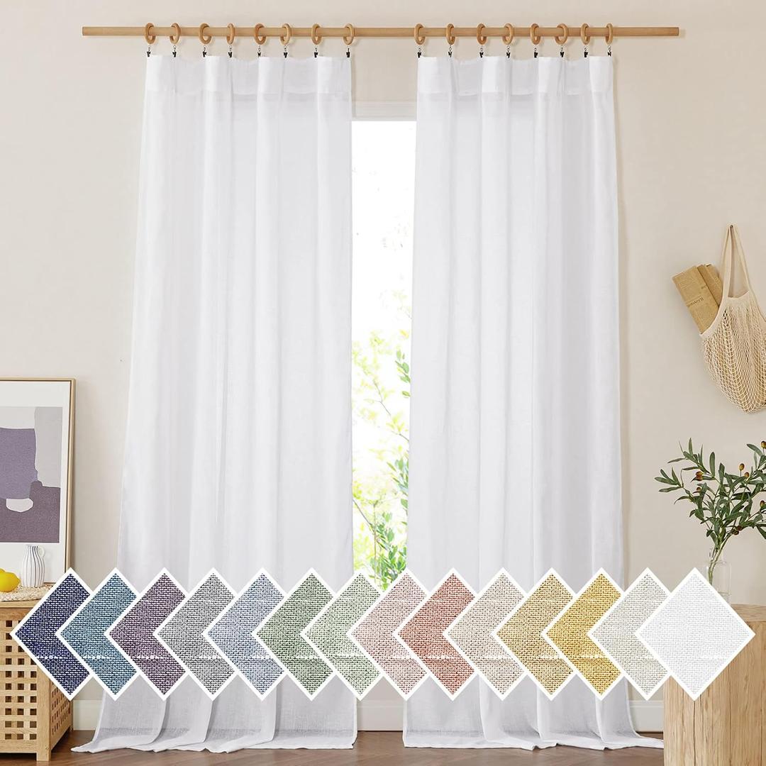 NICETOWN White Linen Sheer Curtains for Living Room, Rod Pocket & Back Tab Privacy Chic Sheer Curtains Window Treatment Semi Sheer Privacy Drapes for Farmhouse/Cottage, W52 x L90, 1 Pair (52"W x 90"L (Pack of 2))
