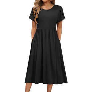 HOTOUCH Women's Summer A-Line Midi Dresses 2026 Casual Floral Short Sleeve T-Shirt Dress Flowy Beach Sundress with Pockets S
