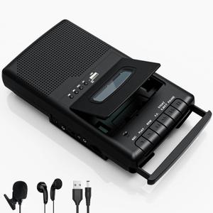 Portable Cassette Player,Digital Cassette Recorder  Portable Tape Player with Stand-Alone Microphone, Built-in Speaker, Retractable Handle, 3.5MM Headphone (Black)
