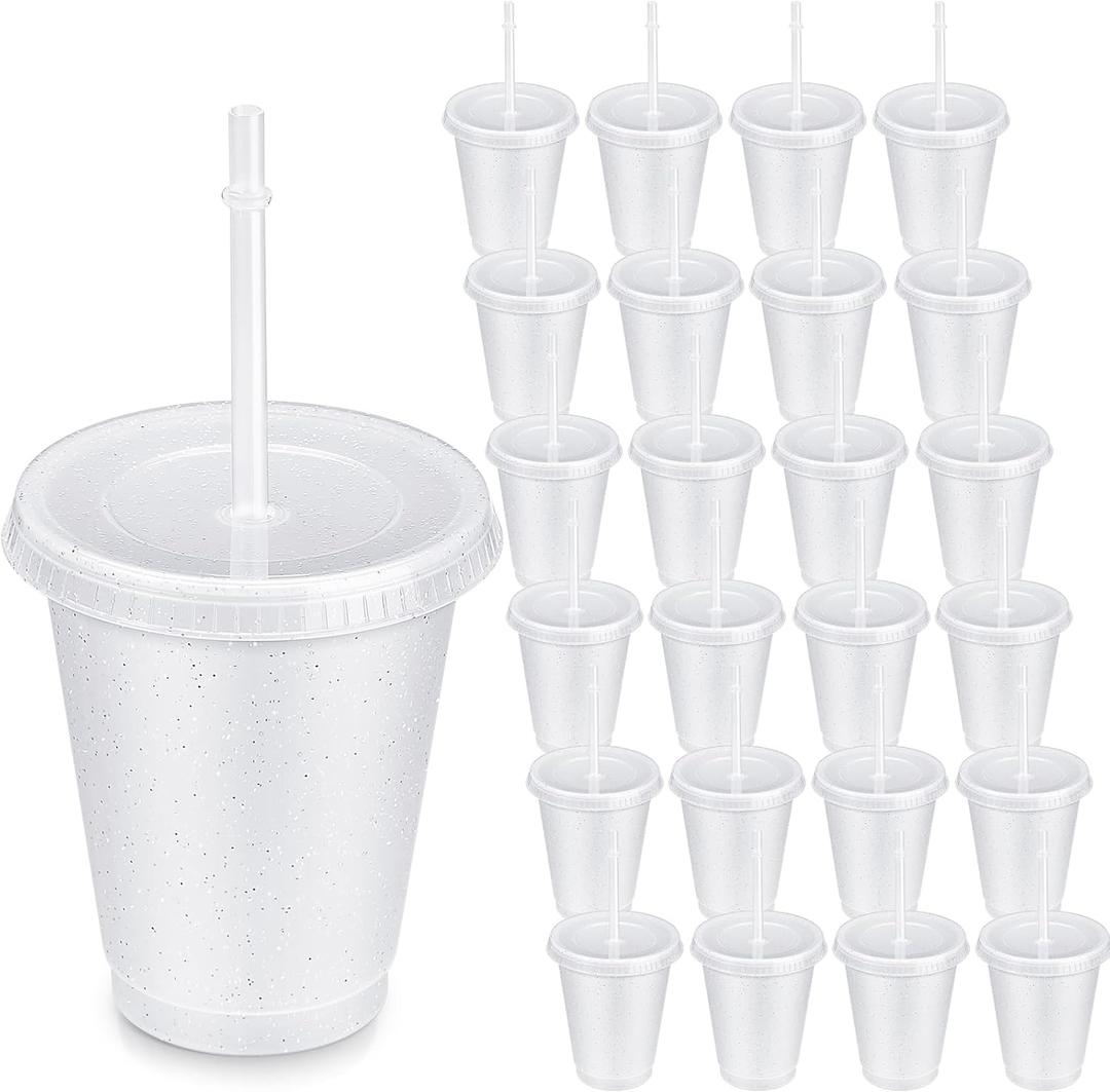 Roshtia 24 Pack Plastic Tumblers with Lid and Straw Reusable Cups Bulk Water Bottles Iced Coffee Travel Mug Cup for Birthdays Party Juices Adults Kids (White,16 oz)
