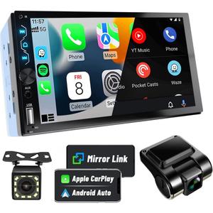 Leadfan Double Din Car Stereo with Dash Cam, 7 Inch Full HD Touchscreen Car Audio Receiver Support Carplay and Android Auto, Car Stereo with Bluetooth, Mirror Link, Backup Camera, FM/USB/AUX/Subwoofer