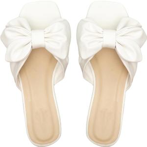 GORGLITTER Women's Bow Flat Sandals Dressy Square Open Toe Sandals Comfortable Slip On Slide Sandals (8, White)