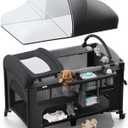 4 in 1 Baby Bassinet, Pack and Play, Bedside Crib Sleeper, Diaper Changer - Comes with Mattress, Mosquito NetBottom Storage and Toy Bar for Newborn to Toddles (Black)