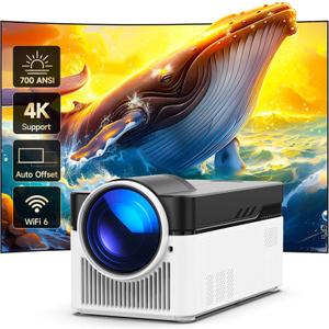 [700 ANS & Electric Focus] Short Throw Smart Projector with Wifi and Bluetooth, Mini Projector 1080P 4K Support, Auto Correction Video Proyector for Home Theater Outdoor Use (White)