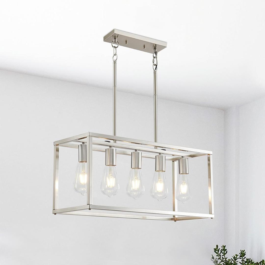 5-Light Pendant Lights for Kitchen Island Modern Dining Room Chandelier Linear Rectangular Kitchen Light Fixtures Hanging Lights for Dining Room Adjustable Height E26 Base Brushed Nickel