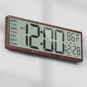 Digital Wood Wall Clock with Battery Operated, 15" Digital Clock Large Display with Date and Day of Week, Large Number with Temperature, Auto DST, Alarm, Snooze, 12/24-hour for Desk Office