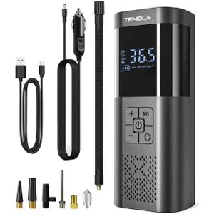 TEMOLA Tire Inflator Portable Air Compressor, Rechargeable Cordless Tire Inflator with Pressure Gauge, 12V DC Mini Air Tire Pump