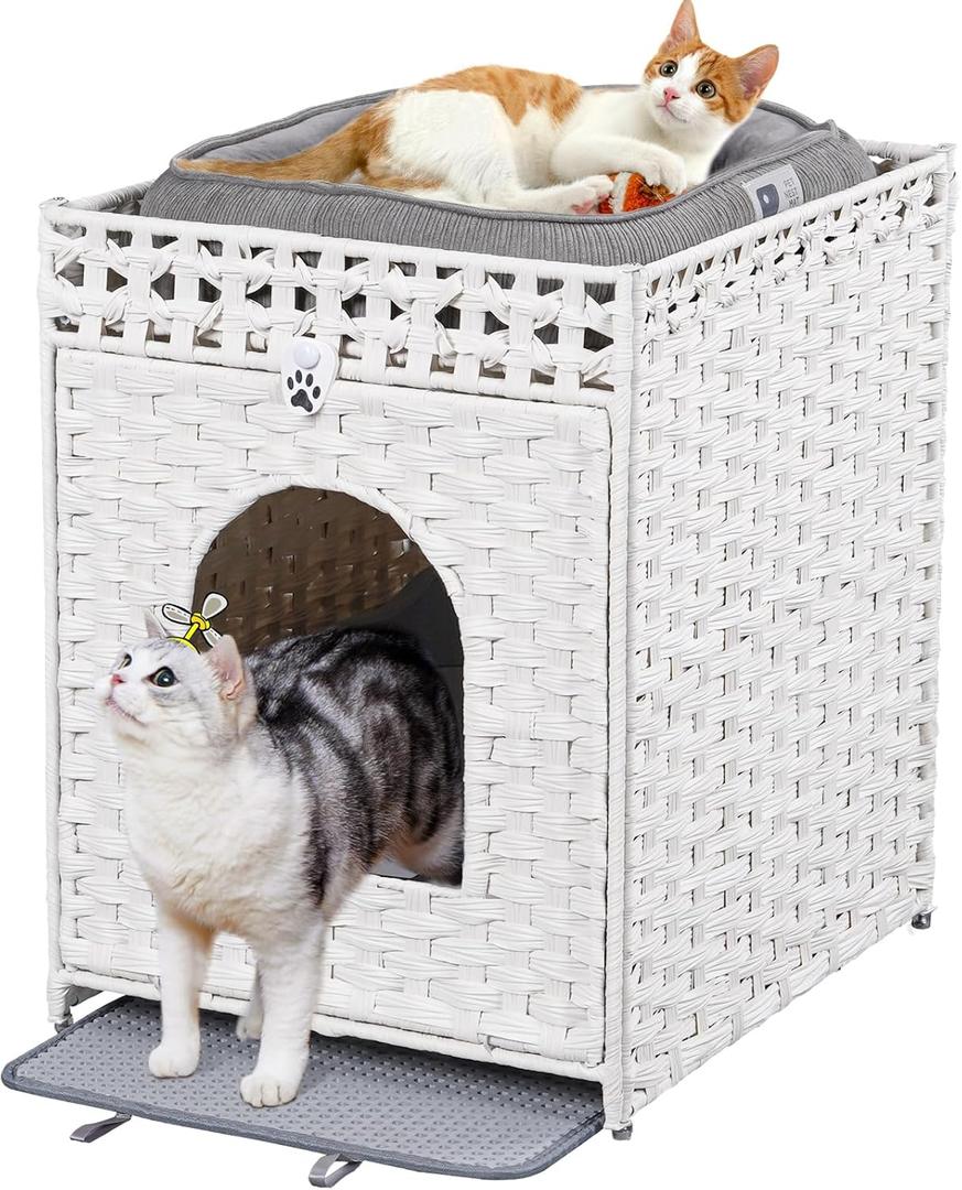 Snughome Cat Litter Box Enclosure Furniture Hidden with Litter Mat, Hidden Washroom Furniture with Door, Handwoven Rattan Cat Washroom Box, Indoor Pet House for Living Room, Bedroom(White) (20.87"L x 16.93"W x 22.44"H)