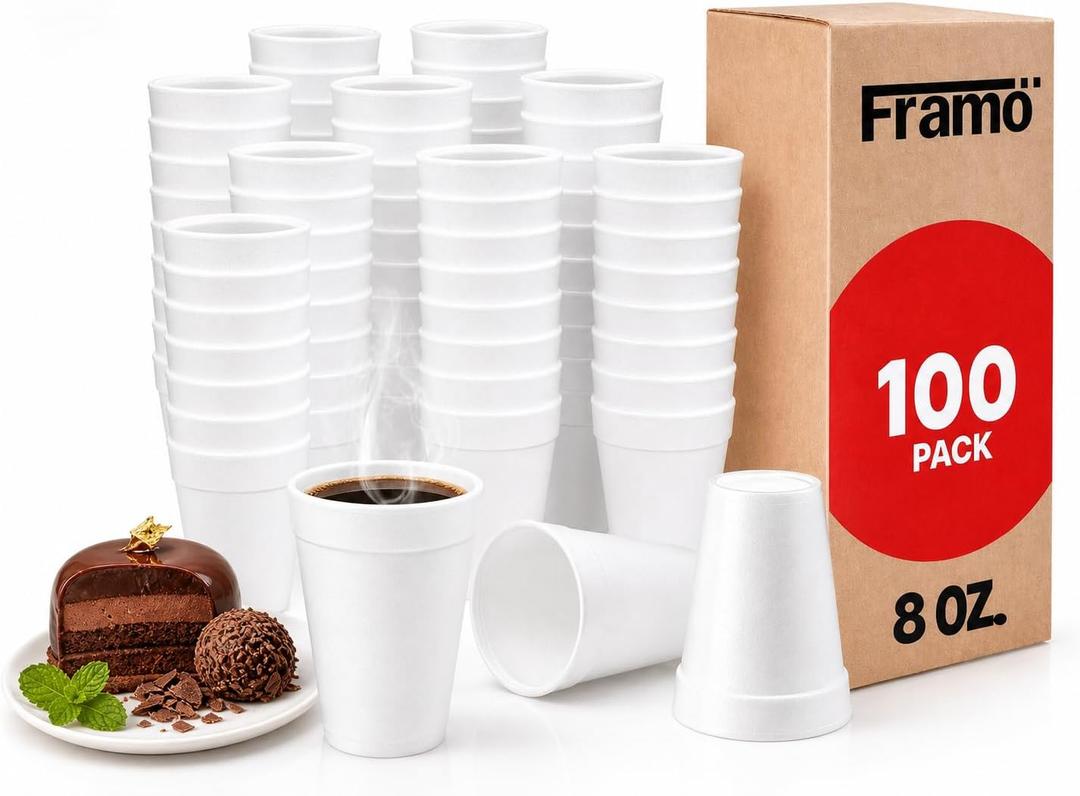 8 Oz Foam Coffee Cups,  Disposable Insulated Hot Drinkware for Home Office or Church, Sturdy White Foam Cups Serving Hot and Cold Beverages, Drink Service Daily, Ideal in Breakrooms