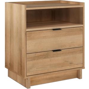 Prepac Simply Modern Nightstand Bedside Table, Natural Oak Nightstand for Bedroom, End Table with 2 Drawers and Open Shelf 23.75" W x 26.75" H x 16" D