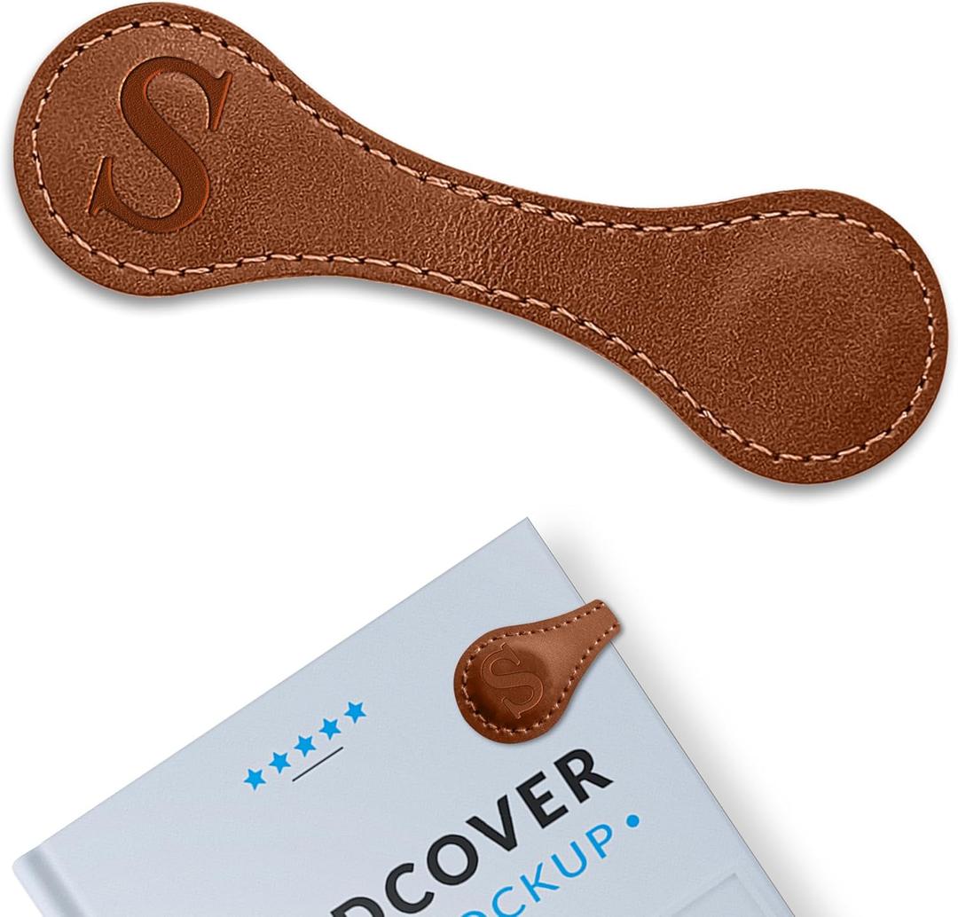 Personalized Leather Magnetic Bookmarks (1 Pack) Vintage Custom Engraved Initial ID Identification Book Marker Clip Gift for Book Lover Avid Readers (Letter S, Light Brown)