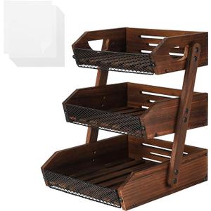 IBWell 3 Tier Fruit Basket for Kitchen Counter Farmhouse Wooden Fruit Holder for Countertop Kitchen Counter Organizer with 50pcs Deli Paper Tired Display Stand for Snack Bread