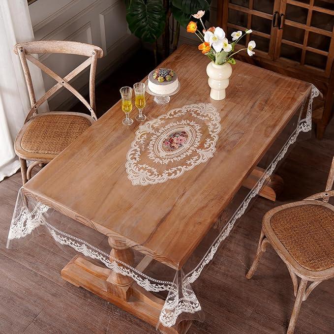 Artbloss Waterproof Clear Table Cover Protector, Vinyl Rectangle Table Cloth with Lace Pattern Oil Spill Proof Wipe Clean Plastic Tablecloths for Dining Tables (French Lace, 55 x 84 Inches)