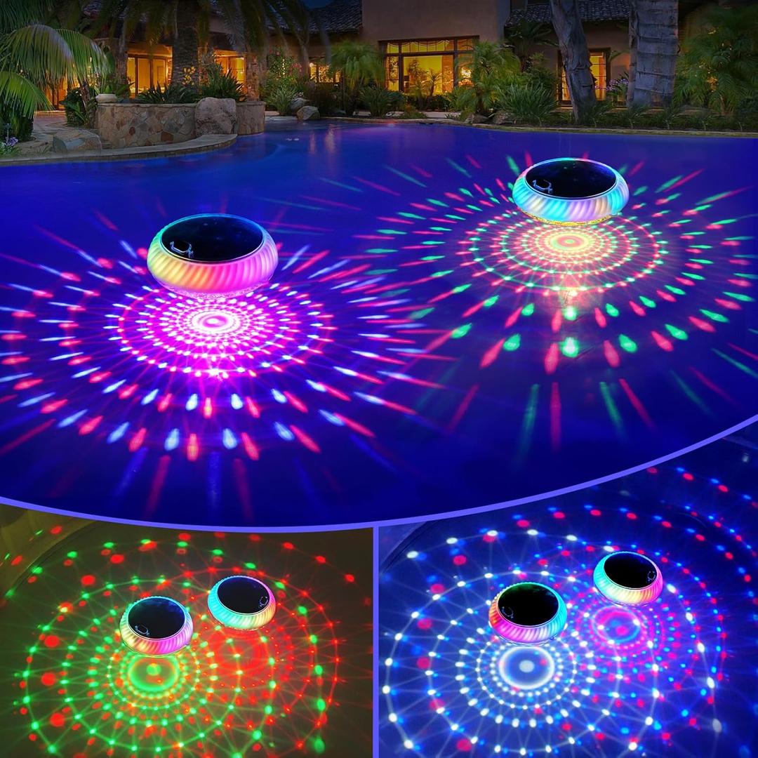 FirstE Solar Floating Pool Lights, 7.6" Dynamic Upper and Lower RGB Color Changing Floating Lights for Pool, IP68 Waterproof Solar Pool Light That Float Decor Hot Tub Party Wedding Pond Garden Yard (White)