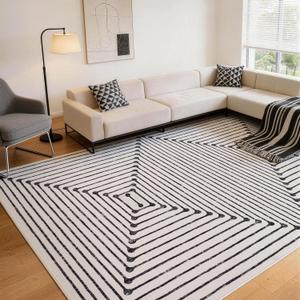 YIHOUSE Washable Area Rugs 9x12 Living Room, Black and White Striped Rug for Bedroom Non Slip Low Pile, Large Modern Geometric Carpet for Playroom Dining Room Home Office Decor