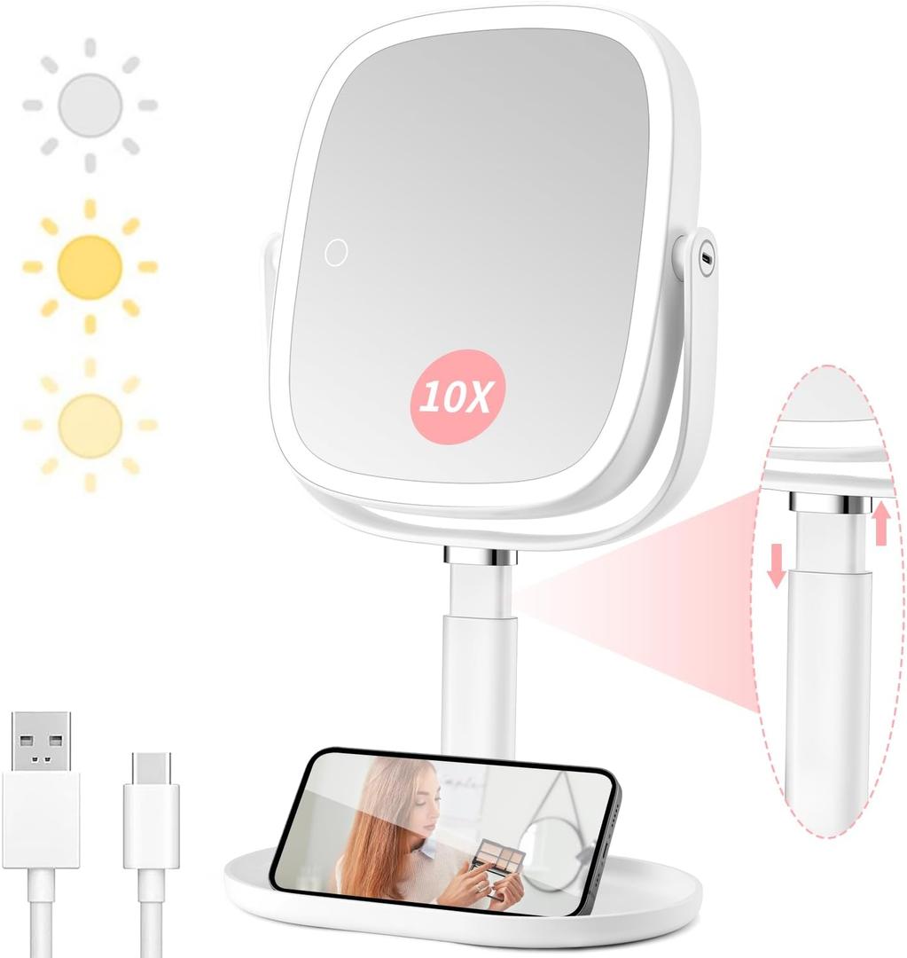 Lighted Makeup Mirror with Magnification,1x/10x Magnifying Mirror with Light Rechargeable,Height Adjustable Vanity Mirror with 3 Color Lights,Double Sided 360 Rotation,Memory Function