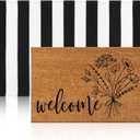 Duraaamo 2 Pcs Spring Coir Doormat Outdoor Flower Welcome Outdoor Rug Front Porch Mats Layered Black and White Stripe Rugs for Spring Front Porch Entryway Decor
