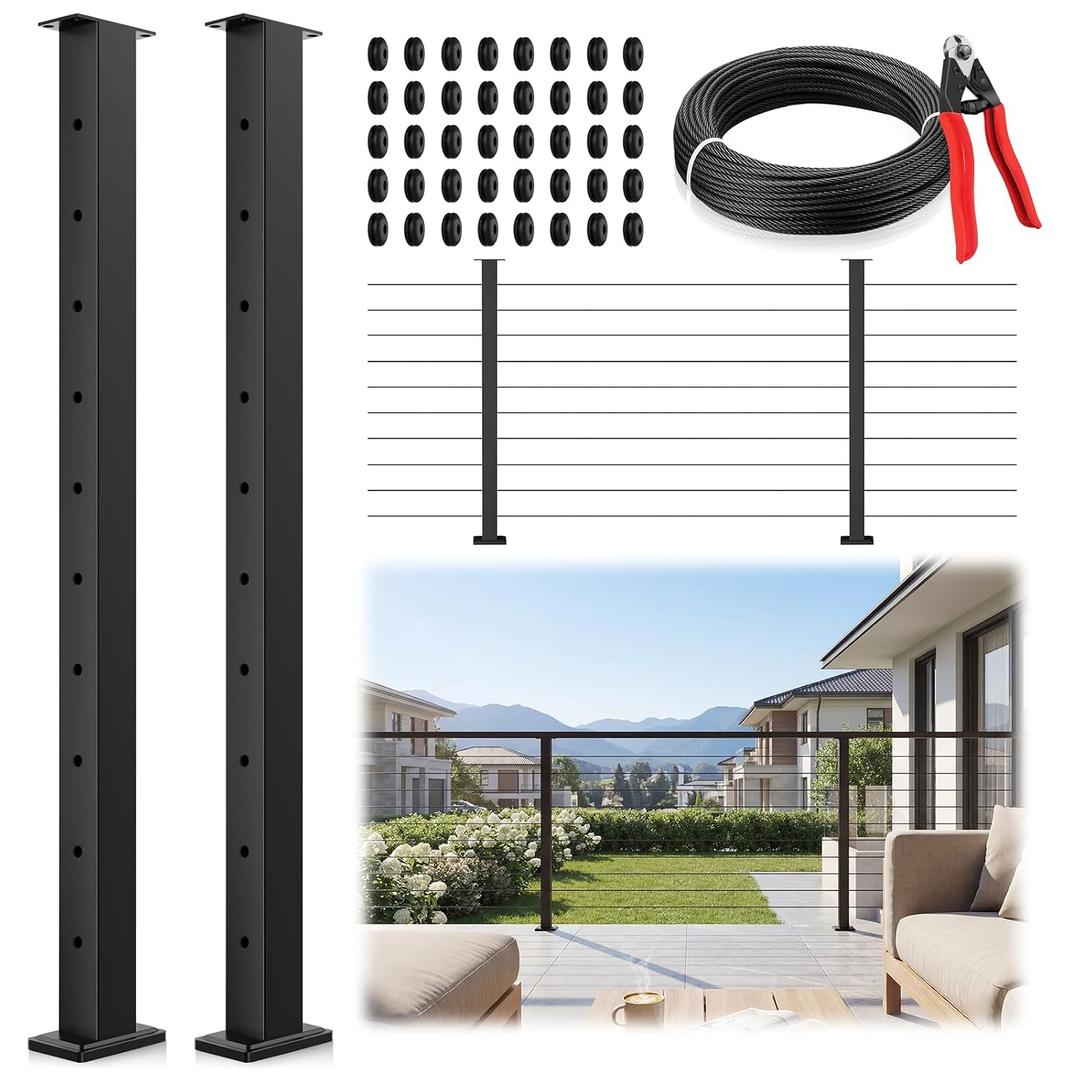 36" 2 Pack Black Cable Railing Post, T304 Stainless Steel Level Drilled Railing Post with Black 1/8" Cable, Surface Mount Powder-Coated Railing Post for Indoor Outdoor Deck Fence Porch System