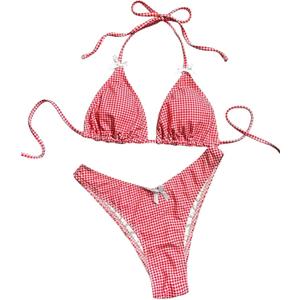Falainetee Women's Plaid Gingham Bathing Suit High Waisted Halter Triangle Swimsuit Bikini Set (Red, XS)