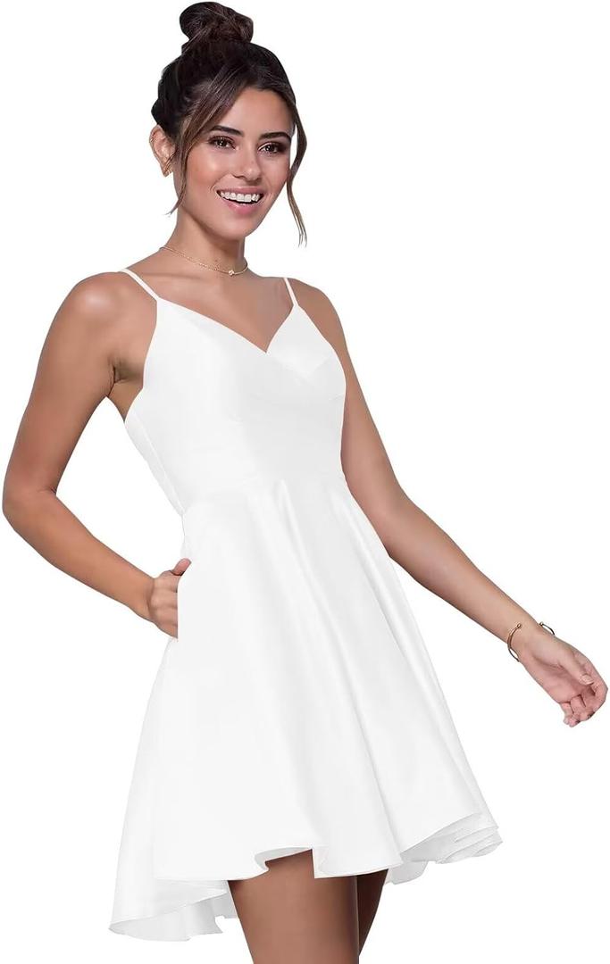 Spaghetti Strap Satin Short Homecoming Dress for Teens V Neck A Line Mini HOCO Dress Cocktail Party Gowns (2, White), Small