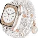 CAGOS Pearl Bracelet Compatible with Apple Wath Bands 38mm 40mm 41mm 42mm 44mm 45mm Women, Natural Pearl Beaded Charms Pretty Straps Dressy Designer Jewelry Stretchy iWatch Bands for Series 9/8/7/6/5/4/3/2/1/SE