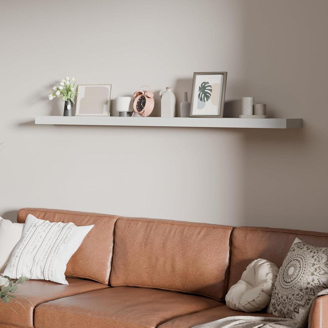 60 inch Long White Floating Shelves Set of 1 | Solid Wood Large Wall Shelves with Invisible Brackets for Living Room, Bedroom, Bathroom, Kitchen, Laundry Room (White, 60 Inch), 60"L x 6.7"D, Set of 1