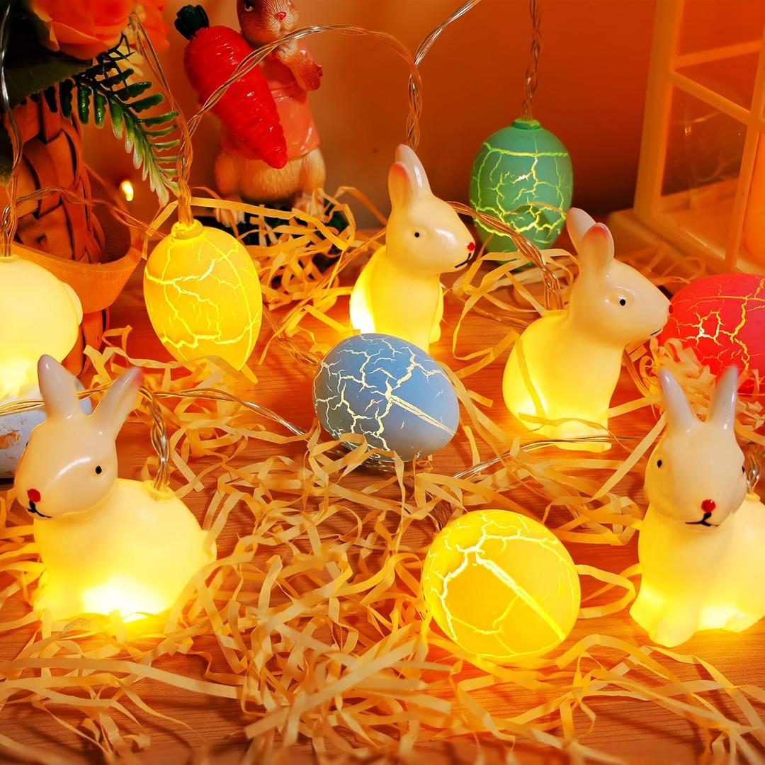 2 x Easter String Lights with 10 LED Bunny Cracked Egg - 8.2Ft Battery Powered Light with Timer Function - Fairy Spring Lighting for Indoor House Party Classroom Bedroom Rabbit Decorations - Clear Wire
