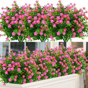 24 Bundles Outdoor Artificial Flowers UV Resistant Fake Boxwood Plants, Faux Greenery for Indoor Outside Hanging Plants Garden Porch Window Box Home Wedding Farmhouse Dcor (Pink)