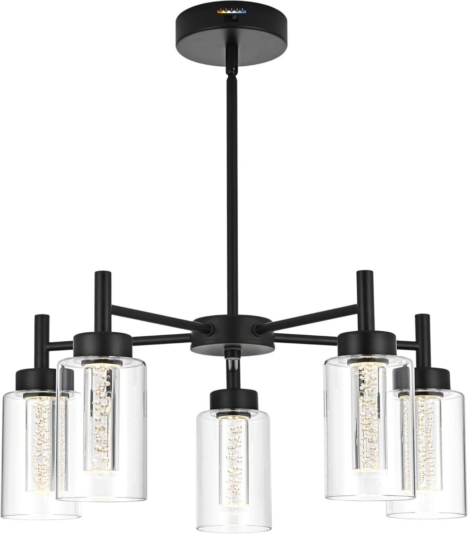 VINLUZ 5 Light LED Modern Pendant Lights, Classic Black Chandelier with Crystal Bubble Clear Glass Shade Indoor Kitchen Island Lights Fixtures for Dining Room Cafe Bar