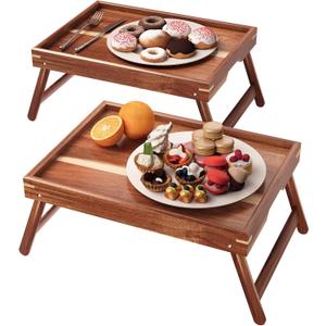 2 Pack Acacia Wood Bed Tray Table with Folding Legs,Breakfast Trays,Serving Tray for Food and Snack,Laptop Trays for Working(Natural)