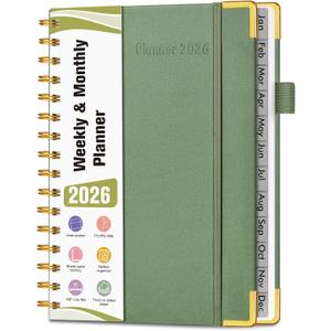 2026 Planner, Hardcover Leather Weekly and Monthly Planner, January 2026 - December 2026, Spiral Yearly Agenda Organizer Book 2026 with Tabs, Daily Calendar Planners for School Work Home, A5 (5.75" x 8.38"), Green