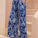 ZAFUL Women's Casual Wide Leg Elastic Waist Drawstring High Waisted Floral Print Palazzo Pant (Blue, S)