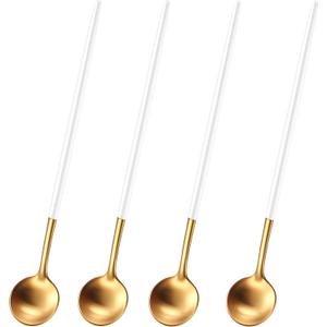2 x 7.95 Inches Satin Gold Stainless Steel 18/10 Iced Tea Spoons With White Handle,Set Of 4 Ice Teaspoons,Long Handle Coffee Stirring Spoons,Sundae Spoon For Mixing
