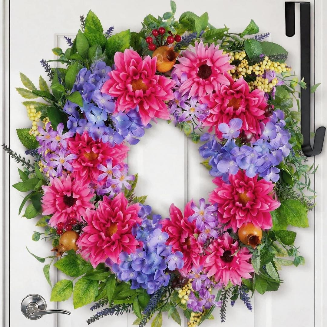 NUPTIO Summer Wreath for Front Door: 24 Inch Spring Wreaths with Dahlia Hydrangea Lilac Lavender Hook - Outdoor Indoor Realistic Artificial Flowers Holiday Decor for Wall Window Porch