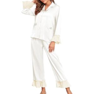 Brosloth Womens Silk Satin Button Up Pajamas for Women Soft Comfy Long Sleeve 2 Piece Loungewear Set Sleepwear (XXL)