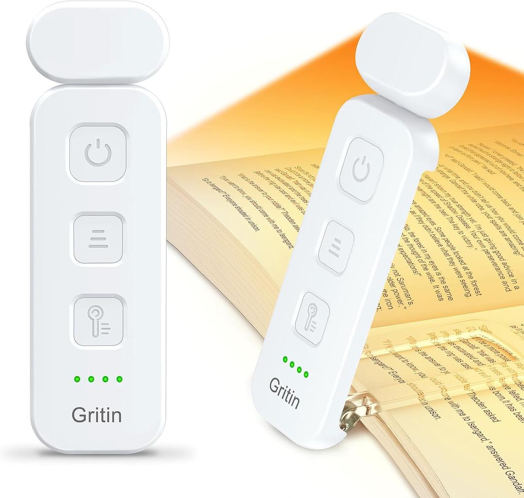 Gritin Reading Light, Rechargeable Book Light for Reading in Bed - Eye Caring 3 Color Temperatures, 5-Level Dimmable Brightness, Long Lasting, Compact Size Clip on Book Lamp for Bookworms-White