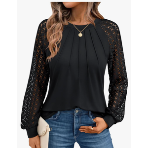 AUTOMET Womens Long Sleeve Shirts Pleated Lace Tops Fall Fashion Outfits Business Casual Blouses, Medium