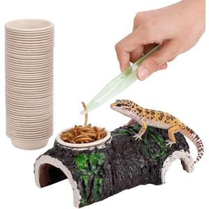 Gecko Cups Reptile Cave Hideout and Food Ledge with 50pcs Bowls and Feeding Tong Set Hollow Trunk Terrarium Shelter for Gecko, Juvenile Bearded Dragon, Lizards, Snake, Frog