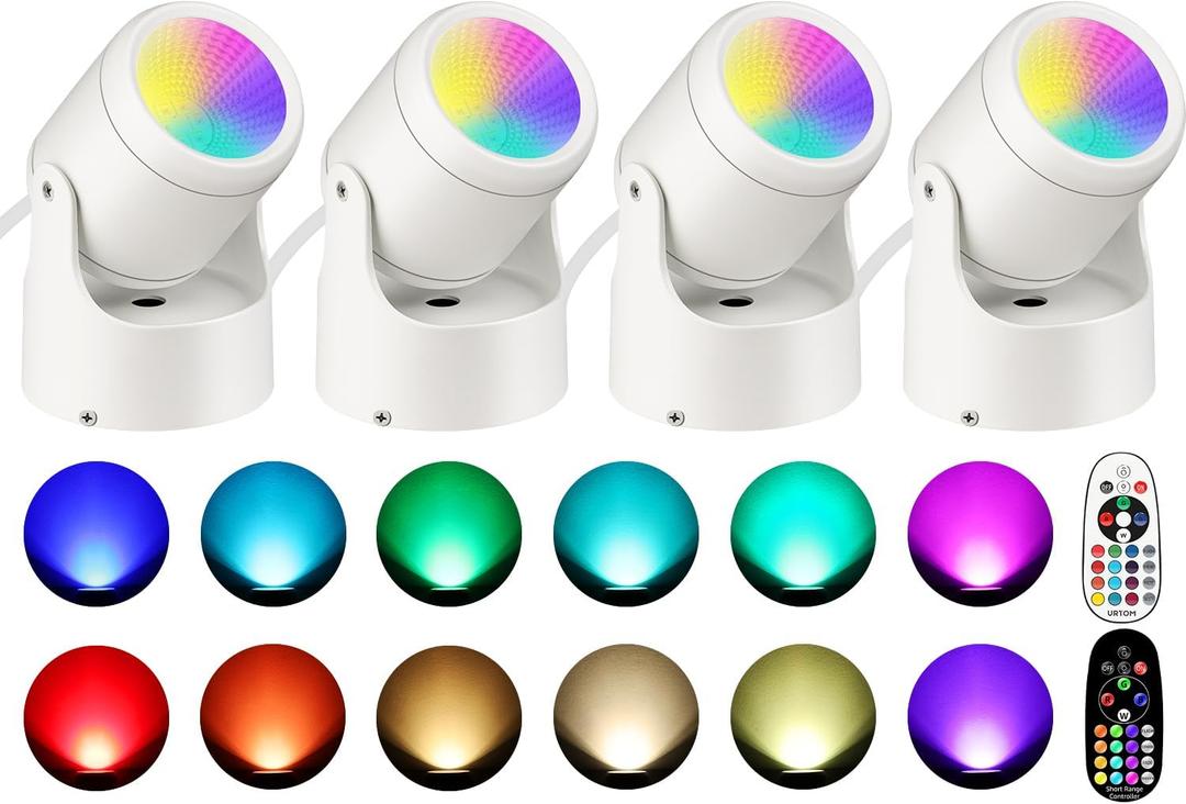 URTOM 4 Pack 6W RGBW Uplighting Indoor Color Changing Up Lights Indoor with Remote Dimmable LED Christmas Spot Lights for Home Aluminum Accent Lighting for Party Plant Decor with 5.9 FT Plug Cord