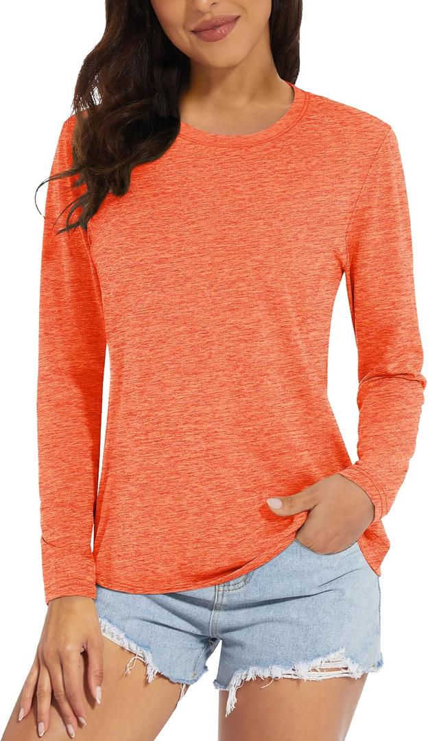 MAGCOMSEN Women's Long Sleeve Shirts UPF 50+ Sun Protection Quick Dry Athletic Running Workout Tops Rash Guard (Orange, M)