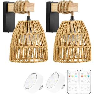 Battery Operated Wall Sconces, Set of 2 Rattan Boho Wireless Sconce with Remote Control, Ideal for Bedroom, Living Room, Entryway  LED Wall Sconce