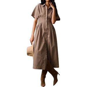 JEIBKOUY Women Striped Button Front Pleated Maxi Shirt Dress Short Sleeve Collar V Neck Summer Casual Corset Long Dress (Small, Brown)